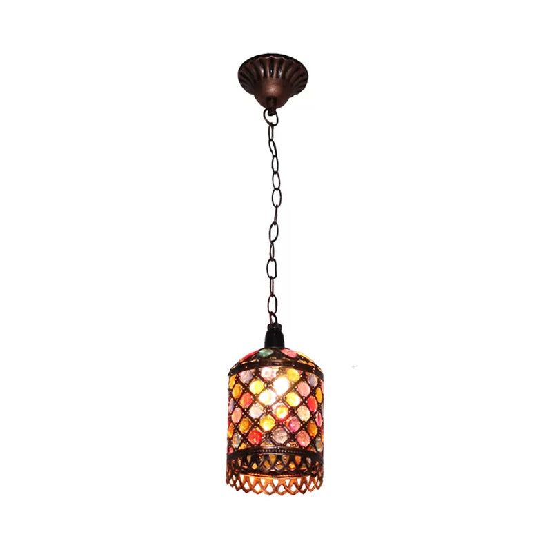 Stained Glass Bronze Hanging Pendant Cylinder/Rectangle/Barrel 1 Head Bohemian Drop Lamp for Living Room Bronze Cylinder Clearhalo 'Ceiling Lights' 'Pendant Lights' 'Pendants' Lighting' 392522_67ff543e-ae3c-47ff-a58e-889a7a9dafab