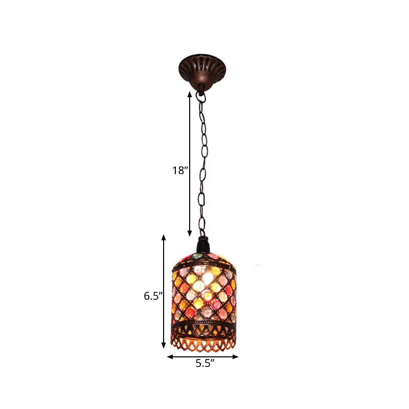 Stained Glass Bronze Hanging Pendant Cylinder/Rectangle/Barrel 1 Head Bohemian Drop Lamp for Living Room Clearhalo 'Ceiling Lights' 'Pendant Lights' 'Pendants' Lighting' 392523