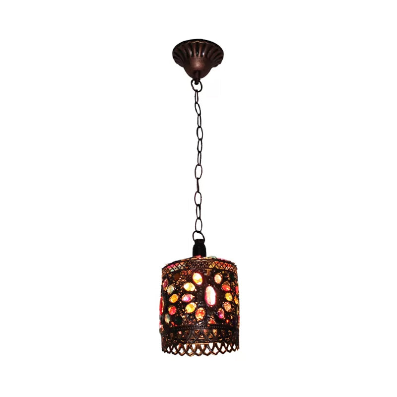 Stained Glass Bronze Hanging Pendant Cylinder/Rectangle/Barrel 1 Head Bohemian Drop Lamp for Living Room Clearhalo 'Ceiling Lights' 'Pendant Lights' 'Pendants' Lighting' 392524