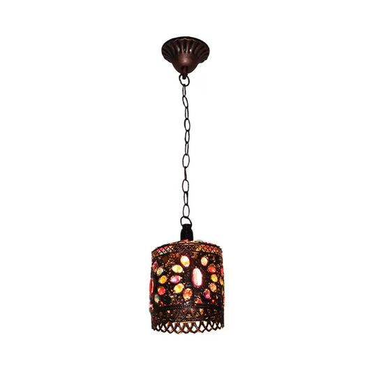 Stained Glass Bronze Hanging Pendant Cylinder/Rectangle/Barrel 1 Head Bohemian Drop Lamp for Living Room Clearhalo 'Ceiling Lights' 'Pendant Lights' 'Pendants' Lighting' 392524