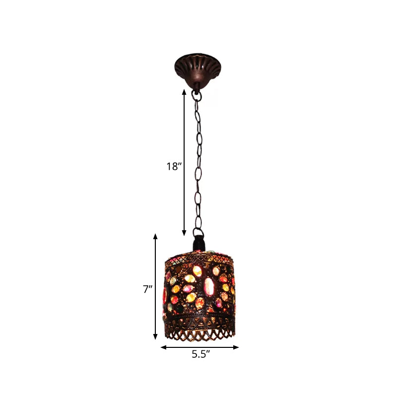 Stained Glass Bronze Hanging Pendant Cylinder/Rectangle/Barrel 1 Head Bohemian Drop Lamp for Living Room Clearhalo 'Ceiling Lights' 'Pendant Lights' 'Pendants' Lighting' 392525