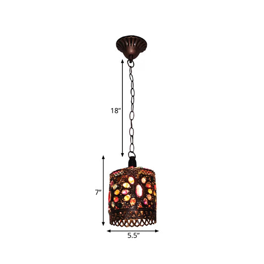 Stained Glass Bronze Hanging Pendant Cylinder/Rectangle/Barrel 1 Head Bohemian Drop Lamp for Living Room Clearhalo 'Ceiling Lights' 'Pendant Lights' 'Pendants' Lighting' 392525