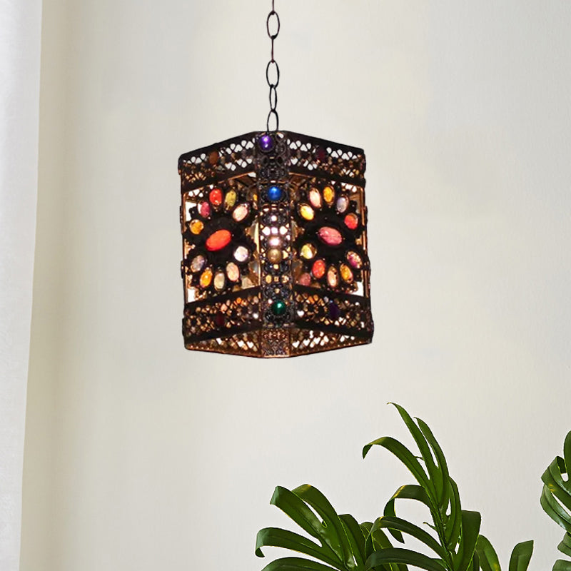 Stained Glass Rust Hanging Light Globe/Rectangle 1 Head Traditional Suspension Lamp for Dining Room Clearhalo 'Ceiling Lights' 'Pendant Lights' 'Pendants' Lighting' 392538