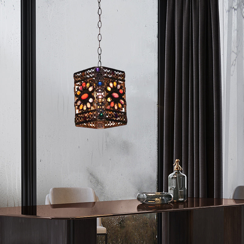 Stained Glass Rust Hanging Light Globe/Rectangle 1 Head Traditional Suspension Lamp for Dining Room Clearhalo 'Ceiling Lights' 'Pendant Lights' 'Pendants' Lighting' 392539