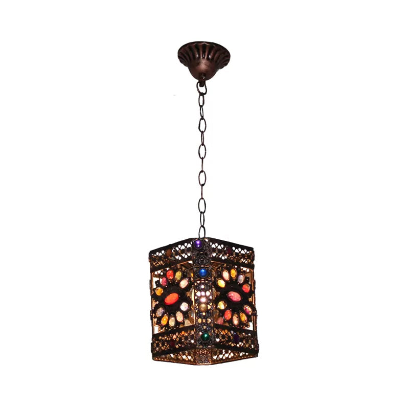 Stained Glass Rust Hanging Light Globe/Rectangle 1 Head Traditional Suspension Lamp for Dining Room Clearhalo 'Ceiling Lights' 'Pendant Lights' 'Pendants' Lighting' 392540