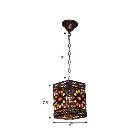 Stained Glass Rust Hanging Light Globe/Rectangle 1 Head Traditional Suspension Lamp for Dining Room Clearhalo 'Ceiling Lights' 'Pendant Lights' 'Pendants' Lighting' 392541