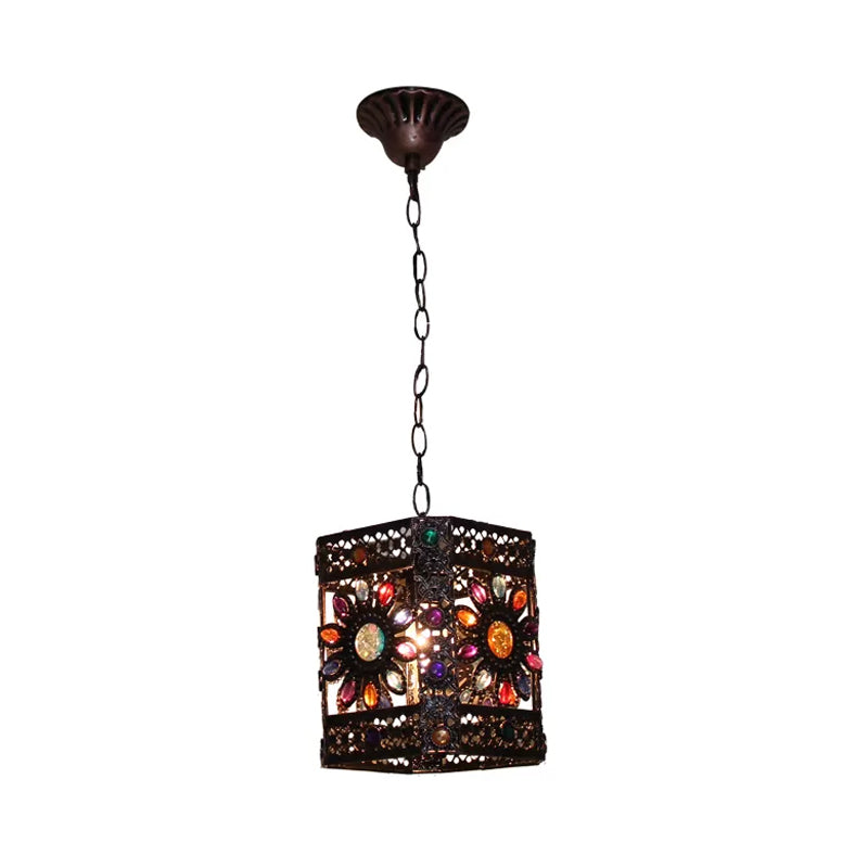 Stained Glass Rust Hanging Light Globe/Rectangle 1 Head Traditional Suspension Lamp for Dining Room Rust B Clearhalo 'Ceiling Lights' 'Pendant Lights' 'Pendants' Lighting' 392542_d8daf8d1-b3f1-4994-ba9a-04edea4b4ef2