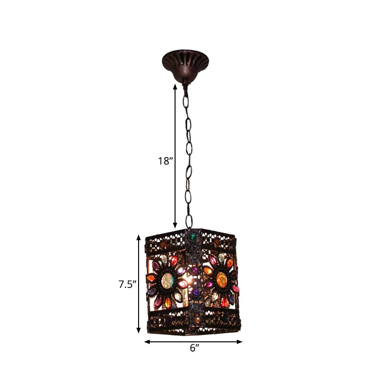 Stained Glass Rust Hanging Light Globe/Rectangle 1 Head Traditional Suspension Lamp for Dining Room Clearhalo 'Ceiling Lights' 'Pendant Lights' 'Pendants' Lighting' 392543