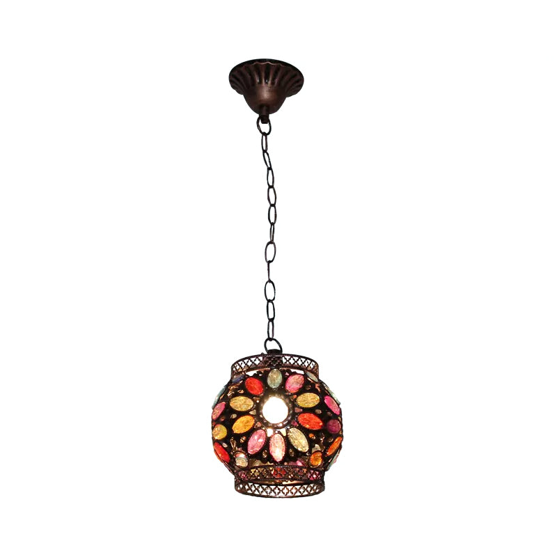 Stained Glass Rust Hanging Light Globe/Rectangle 1 Head Traditional Suspension Lamp for Dining Room Clearhalo 'Ceiling Lights' 'Pendant Lights' 'Pendants' Lighting' 392544