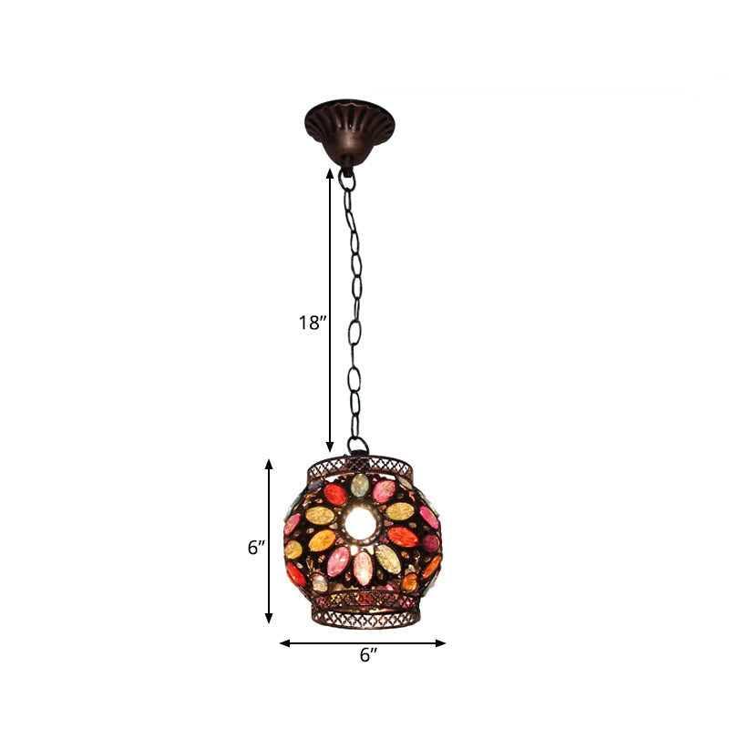 Stained Glass Rust Hanging Light Globe/Rectangle 1 Head Traditional Suspension Lamp for Dining Room Clearhalo 'Ceiling Lights' 'Pendant Lights' 'Pendants' Lighting' 392545