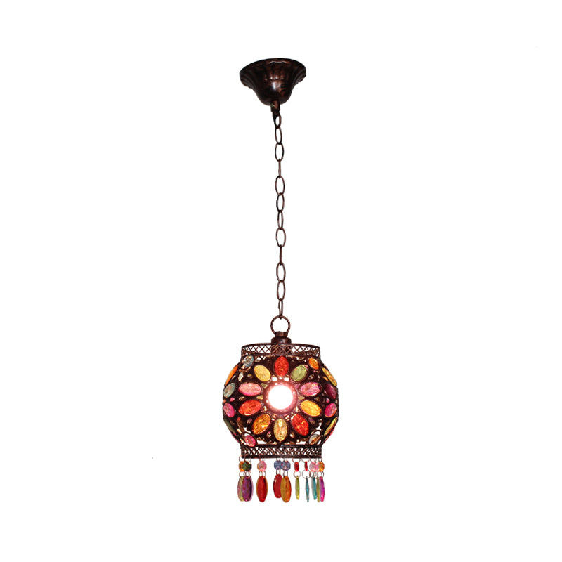 Stained Glass Rust Hanging Light Globe/Rectangle 1 Head Traditional Suspension Lamp for Dining Room Clearhalo 'Ceiling Lights' 'Pendant Lights' 'Pendants' Lighting' 392546