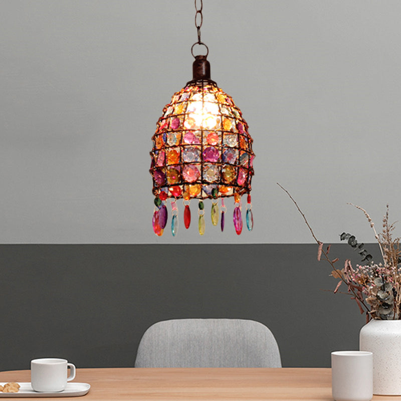 Art Deco Dome Ceiling Light 1 Light Stained Glass Drop Pendant in Rust for Restaurant Clearhalo 'Ceiling Lights' 'Pendant Lights' 'Pendants' Lighting' 392558