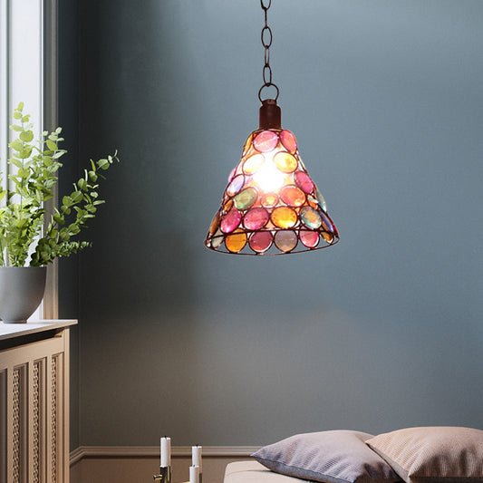 7"/12.5" Tall 1 Light Stained Glass Hanging Lamp Antique Rust Conical Restaurant Down Lighting Clearhalo 'Ceiling Lights' 'Pendant Lights' 'Pendants' Lighting' 392562