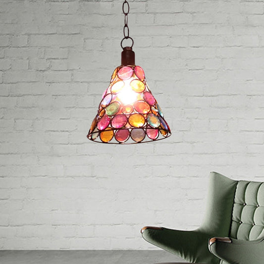 7"/12.5" Tall 1 Light Stained Glass Hanging Lamp Antique Rust Conical Restaurant Down Lighting Clearhalo 'Ceiling Lights' 'Pendant Lights' 'Pendants' Lighting' 392563