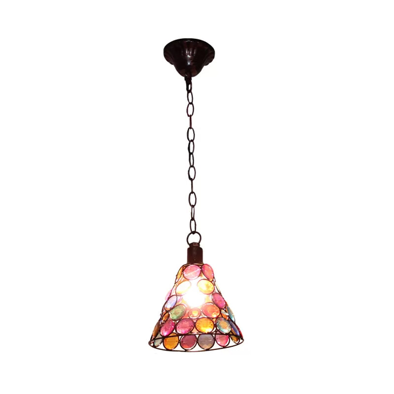 7"/12.5" Tall 1 Light Stained Glass Hanging Lamp Antique Rust Conical Restaurant Down Lighting Clearhalo 'Ceiling Lights' 'Pendant Lights' 'Pendants' Lighting' 392565