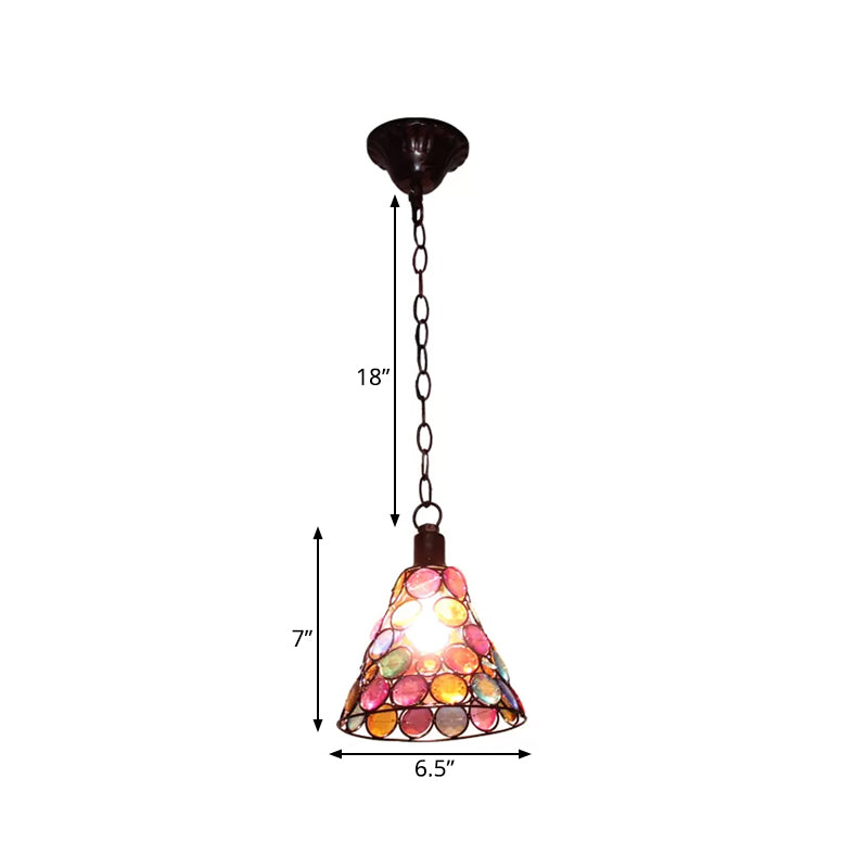 7"/12.5" Tall 1 Light Stained Glass Hanging Lamp Antique Rust Conical Restaurant Down Lighting Clearhalo 'Ceiling Lights' 'Pendant Lights' 'Pendants' Lighting' 392566