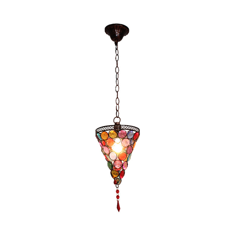 7"/12.5" Tall 1 Light Stained Glass Hanging Lamp Antique Rust Conical Restaurant Down Lighting Clearhalo 'Ceiling Lights' 'Pendant Lights' 'Pendants' Lighting' 392567