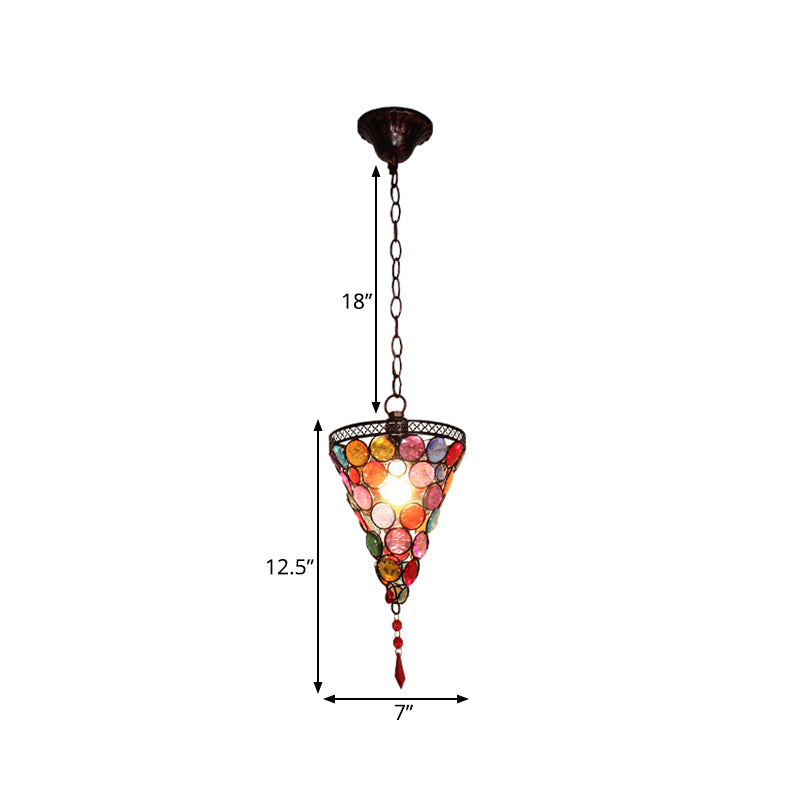 7"/12.5" Tall 1 Light Stained Glass Hanging Lamp Antique Rust Conical Restaurant Down Lighting Clearhalo 'Ceiling Lights' 'Pendant Lights' 'Pendants' Lighting' 392568