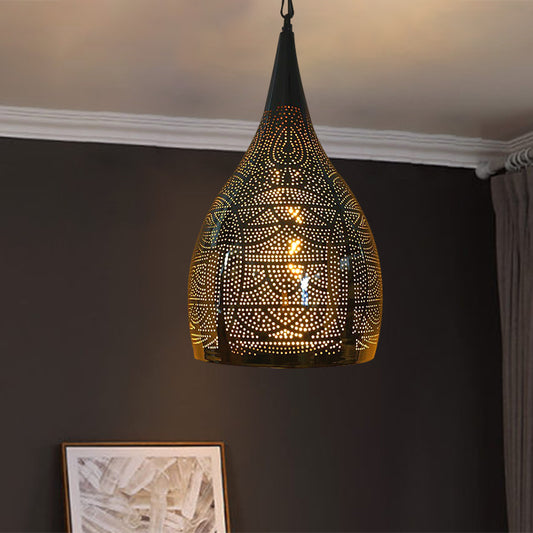 Urn Shape Metal Hanging Light Kit Arab 1-Head 9"/12" Wide Living Room Suspension Lamp in Black Clearhalo 'Ceiling Lights' 'Pendant Lights' 'Pendants' Lighting' 392598