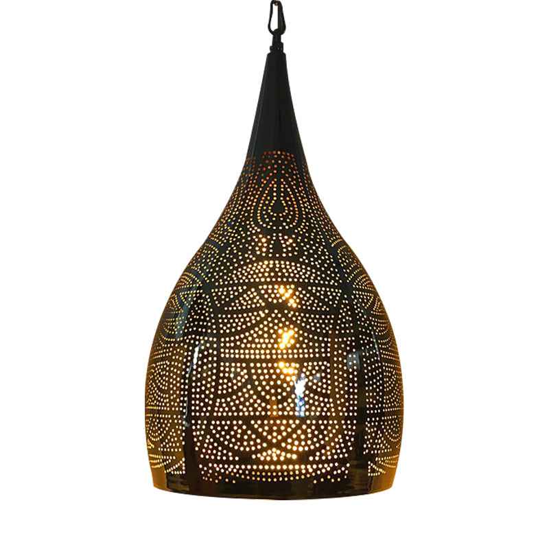 Urn Shape Metal Hanging Light Kit Arab 1-Head 9"/12" Wide Living Room Suspension Lamp in Black Clearhalo 'Ceiling Lights' 'Pendant Lights' 'Pendants' Lighting' 392599