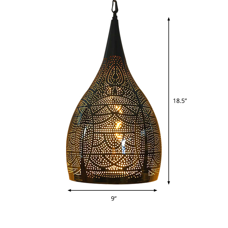 Urn Shape Metal Hanging Light Kit Arab 1-Head 9"/12" Wide Living Room Suspension Lamp in Black Clearhalo 'Ceiling Lights' 'Pendant Lights' 'Pendants' Lighting' 392601