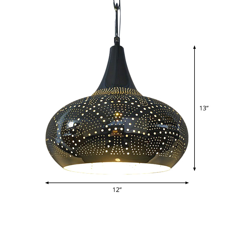 Urn Shape Metal Hanging Light Kit Arab 1-Head 9"/12" Wide Living Room Suspension Lamp in Black Clearhalo 'Ceiling Lights' 'Pendant Lights' 'Pendants' Lighting' 392603