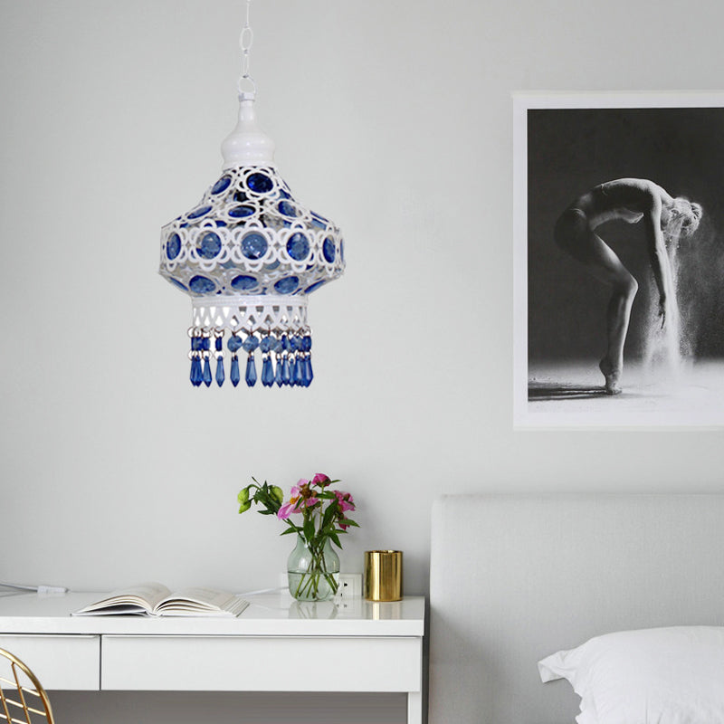 Lantern Metal Ceiling Pendant Bohemian 1 Light Living Room Hanging Ceiling Light in White/Blue Clearhalo 'Ceiling Lights' 'Pendant Lights' 'Pendants' Lighting' 392691