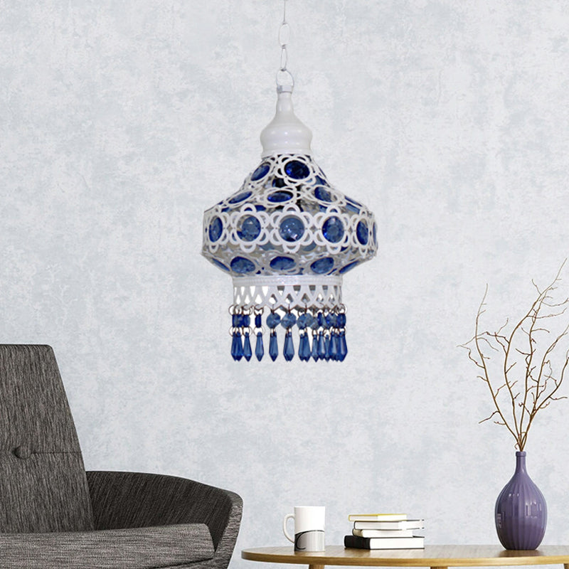 Lantern Metal Ceiling Pendant Bohemian 1 Light Living Room Hanging Ceiling Light in White/Blue Clearhalo 'Ceiling Lights' 'Pendant Lights' 'Pendants' Lighting' 392692