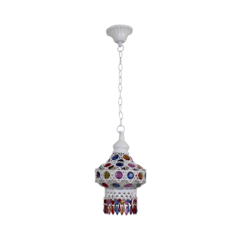 Lantern Metal Ceiling Pendant Bohemian 1 Light Living Room Hanging Ceiling Light in White/Blue Clearhalo 'Ceiling Lights' 'Pendant Lights' 'Pendants' Lighting' 392696