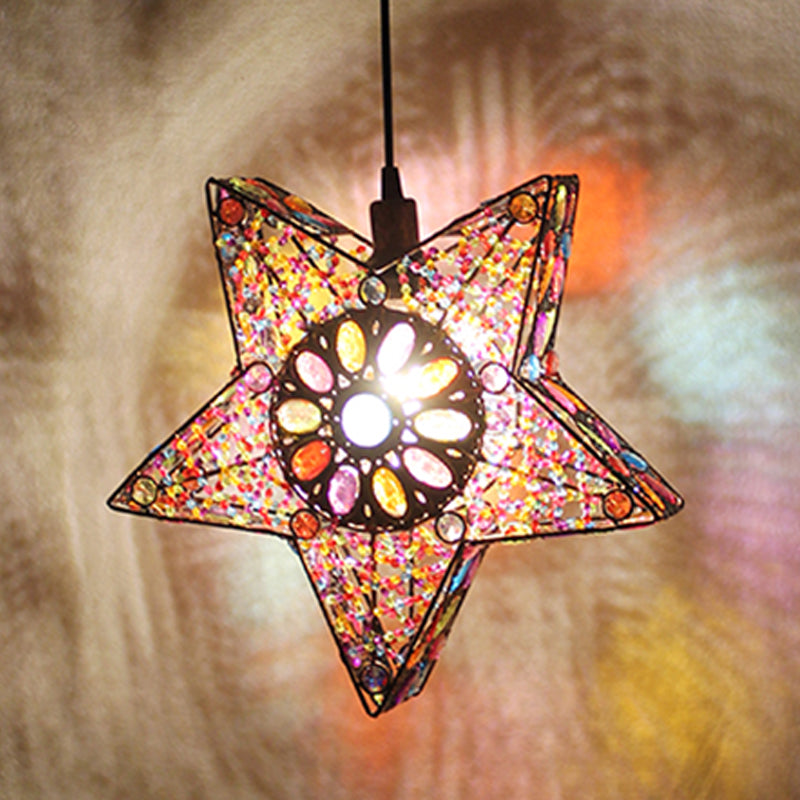 Metal Pentagram Pendant Ceiling Light Art Deco 1 Head Dining Room Drop Lamp in Black/Red/Yellow Clearhalo 'Ceiling Lights' 'Pendant Lights' 'Pendants' Lighting' 392741