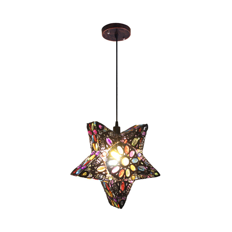 Metal Pentagram Pendant Ceiling Light Art Deco 1 Head Dining Room Drop Lamp in Black/Red/Yellow Clearhalo 'Ceiling Lights' 'Pendant Lights' 'Pendants' Lighting' 392746