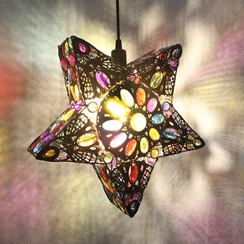 Metal Pentagram Pendant Ceiling Light Art Deco 1 Head Dining Room Drop Lamp in Black/Red/Yellow Clearhalo 'Ceiling Lights' 'Pendant Lights' 'Pendants' Lighting' 392747