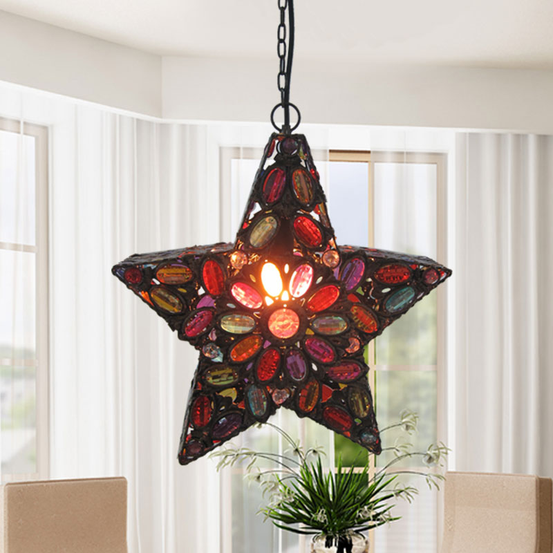 Metal Pentagram Pendant Ceiling Light Bohemian 1 Head Living Room Drop Lamp in Red Clearhalo 'Ceiling Lights' 'Pendant Lights' 'Pendants' Lighting' 392748