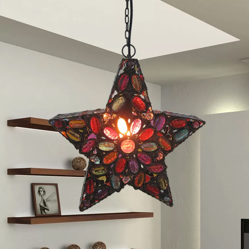 Metal Pentagram Pendant Ceiling Light Bohemian 1 Head Living Room Drop Lamp in Red Clearhalo 'Ceiling Lights' 'Pendant Lights' 'Pendants' Lighting' 392749