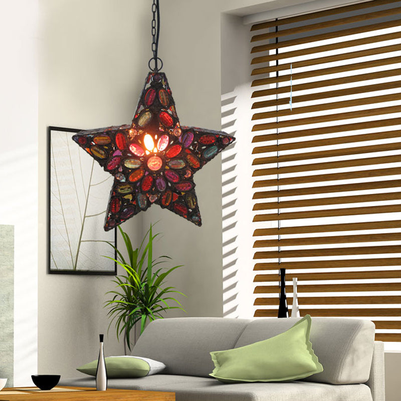 Metal Pentagram Pendant Ceiling Light Bohemian 1 Head Living Room Drop Lamp in Red Clearhalo 'Ceiling Lights' 'Pendant Lights' 'Pendants' Lighting' 392750