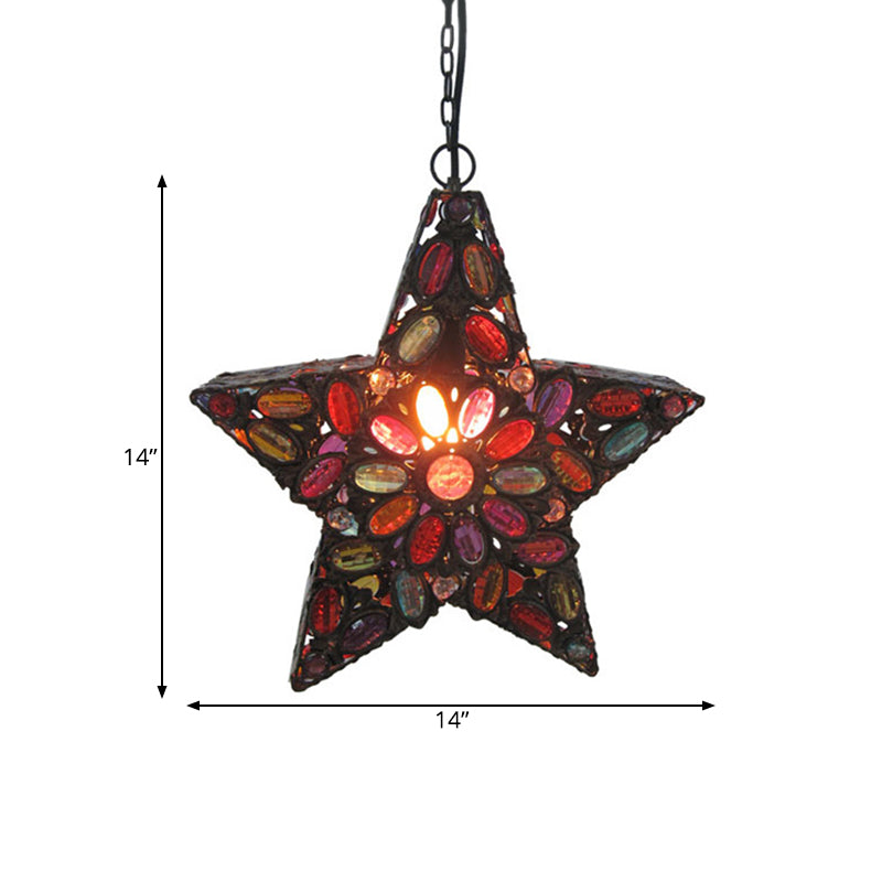 Metal Pentagram Pendant Ceiling Light Bohemian 1 Head Living Room Drop Lamp in Red Clearhalo 'Ceiling Lights' 'Pendant Lights' 'Pendants' Lighting' 392752