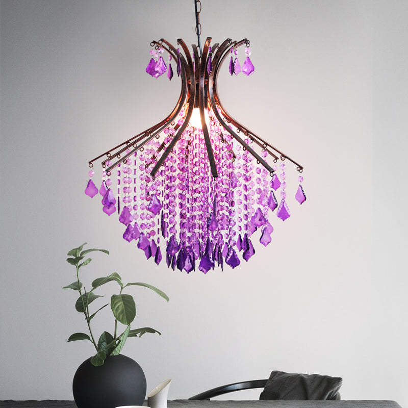 1-Head Pendant Ceiling Light Traditional Restaurant Suspension Lighting with Cascade Crystal in Purple Clearhalo 'Ceiling Lights' 'Pendant Lights' 'Pendants' Lighting' 392758