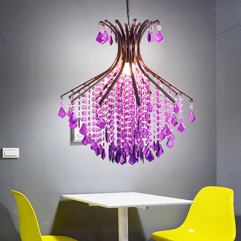 1-Head Pendant Ceiling Light Traditional Restaurant Suspension Lighting with Cascade Crystal in Purple Clearhalo 'Ceiling Lights' 'Pendant Lights' 'Pendants' Lighting' 392759