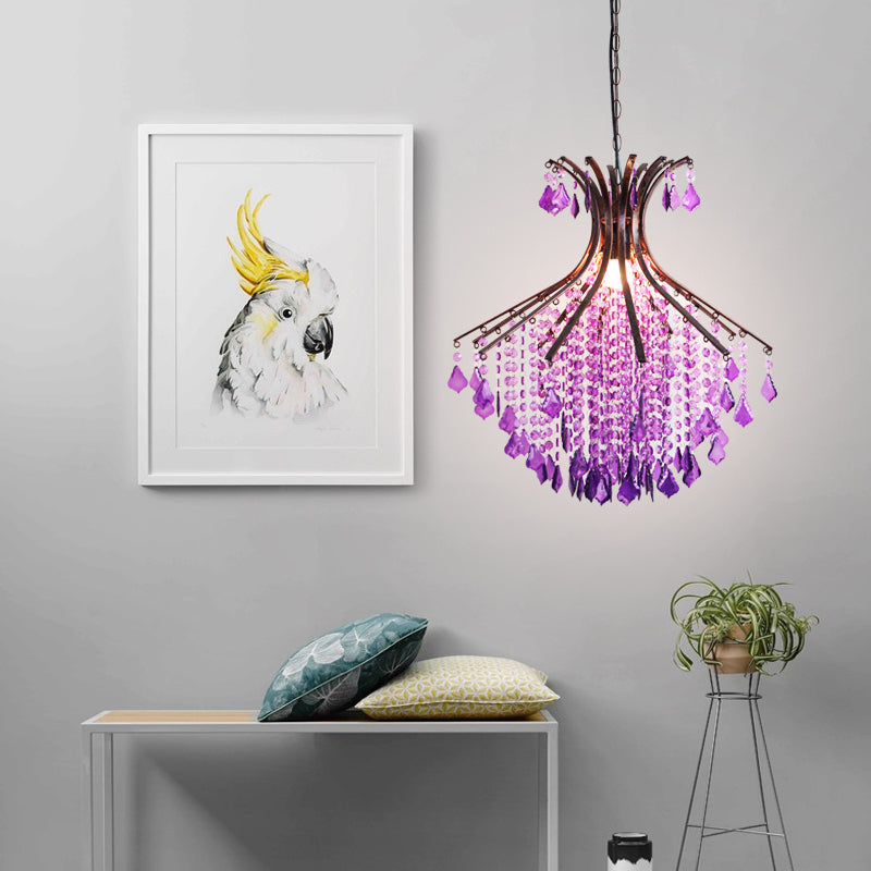 1-Head Pendant Ceiling Light Traditional Restaurant Suspension Lighting with Cascade Crystal in Purple Clearhalo 'Ceiling Lights' 'Pendant Lights' 'Pendants' Lighting' 392760