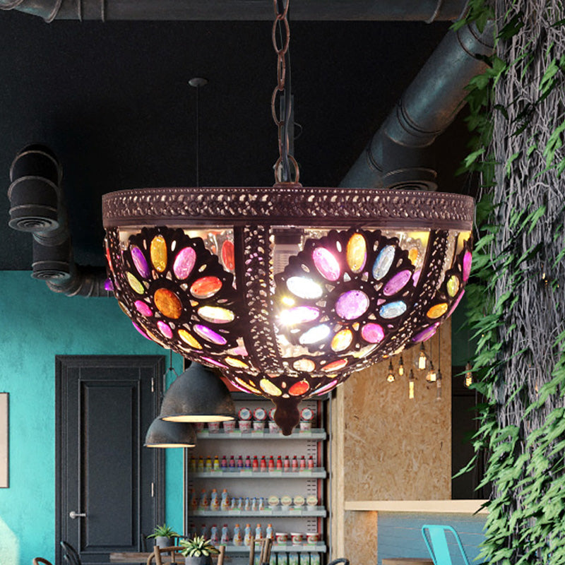 Bowl Restaurant Pendant Light Kit Art Deco Stained Glass 1 Bulb Rust Down Lighting Clearhalo 'Ceiling Lights' 'Glass shade' 'Glass' 'Pendant Lights' 'Pendants' Lighting' 392764