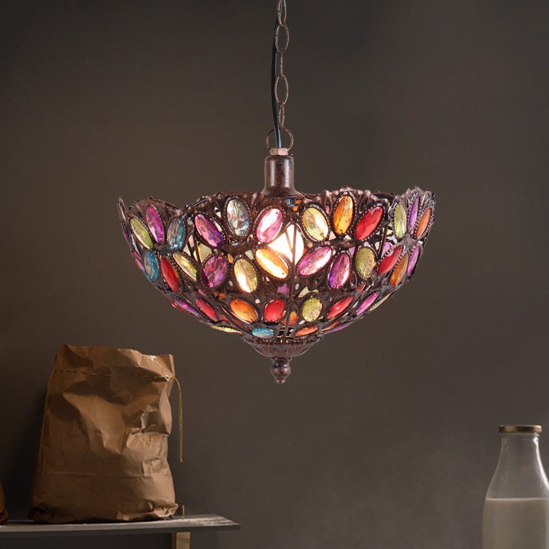 Rust Bowl Shape Hanging Light Bohemian Metal 1 Bulb Restaurant Pendant Lighting Fixture Clearhalo 'Ceiling Lights' 'Pendant Lights' 'Pendants' Lighting' 392769