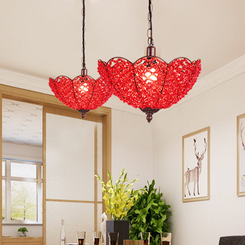 Metal Red/Purple Hanging Ceiling Light Scalloped 1 Head Art Deco Pendant Lamp for Restaurant Clearhalo 'Ceiling Lights' 'Pendant Lights' 'Pendants' Lighting' 392773