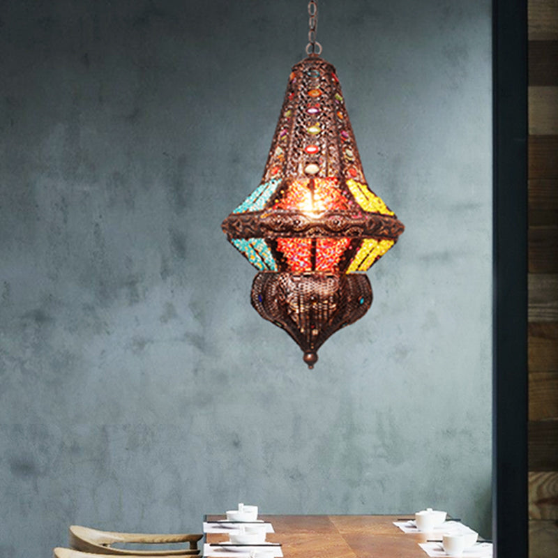 Red/Bronze 1 Light Pendant Lighting Traditional Metal Lantern Hanging Light Fixture for Restaurant Clearhalo 'Ceiling Lights' 'Pendant Lights' 'Pendants' Lighting' 392805