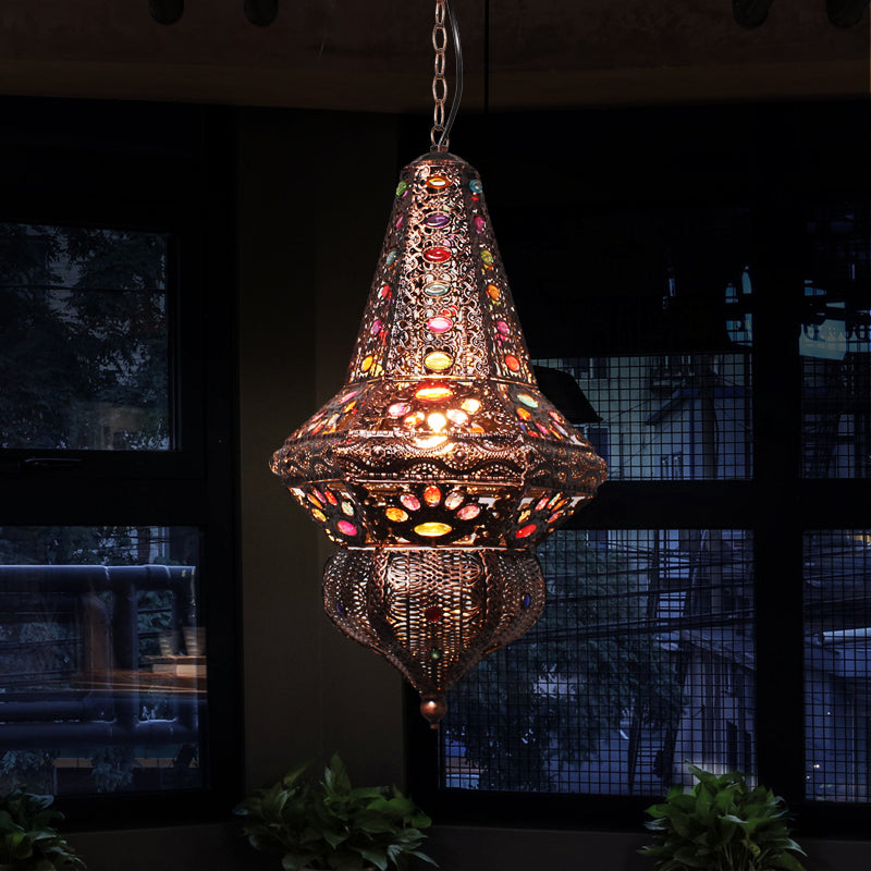 Red/Bronze 1 Light Pendant Lighting Traditional Metal Lantern Hanging Light Fixture for Restaurant Clearhalo 'Ceiling Lights' 'Pendant Lights' 'Pendants' Lighting' 392810