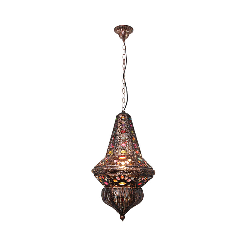 Red/Bronze 1 Light Pendant Lighting Traditional Metal Lantern Hanging Light Fixture for Restaurant Clearhalo 'Ceiling Lights' 'Pendant Lights' 'Pendants' Lighting' 392813