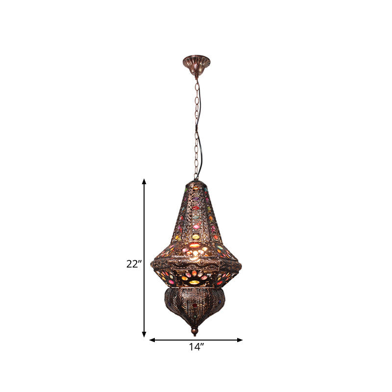 Red/Bronze 1 Light Pendant Lighting Traditional Metal Lantern Hanging Light Fixture for Restaurant Clearhalo 'Ceiling Lights' 'Pendant Lights' 'Pendants' Lighting' 392814