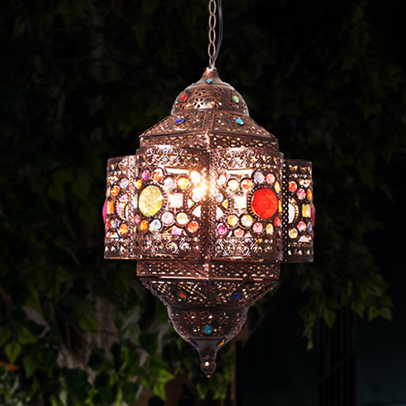 Lantern Metal Hanging Pendant Light Decorative 1 Head Restaurant Suspension Lamp in Red/Rust Clearhalo 'Ceiling Lights' 'Pendant Lights' 'Pendants' Lighting' 392845