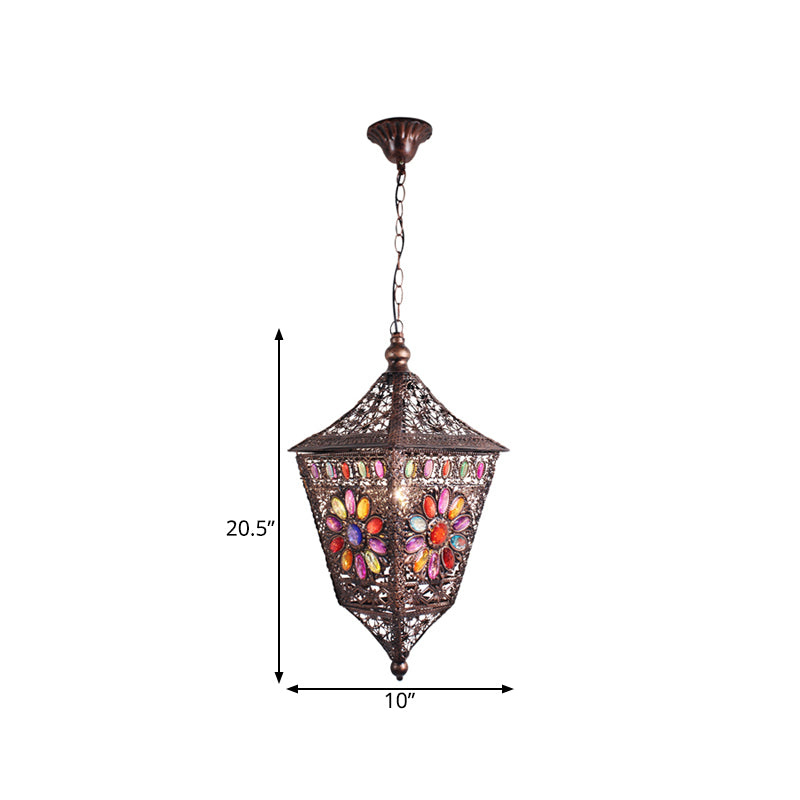 Rust Lantern Hanging Lamp Kit Traditional Metal 1 Head Restaurant Suspension Lighting Clearhalo 'Ceiling Lights' 'Pendant Lights' 'Pendants' Lighting' 392858