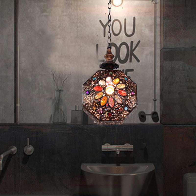 Metal Rust Hanging Light Octagon 1-Light Bohemian Down Lighting Pendant for Bathroom Rust Clearhalo 'Ceiling Lights' 'Pendant Lights' 'Pendants' Lighting' 392900_617d7900-26ea-41d4-a5b1-dfd8160a2993