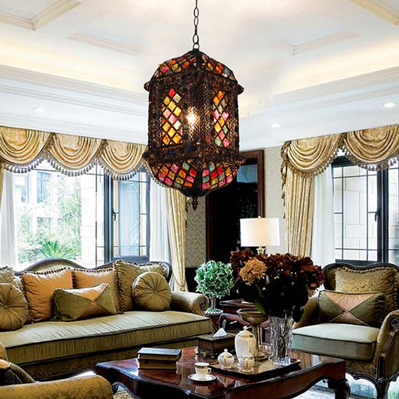 14"/17" Tall 1 Bulb Lantern Pendant Light Bohemian Bronze Metal Suspended Lighting Fixture for Living Room Bronze 17" Clearhalo 'Ceiling Lights' 'Pendant Lights' 'Pendants' Lighting' 392928_938402cd-7510-4849-84b5-eaf15dcca1ce